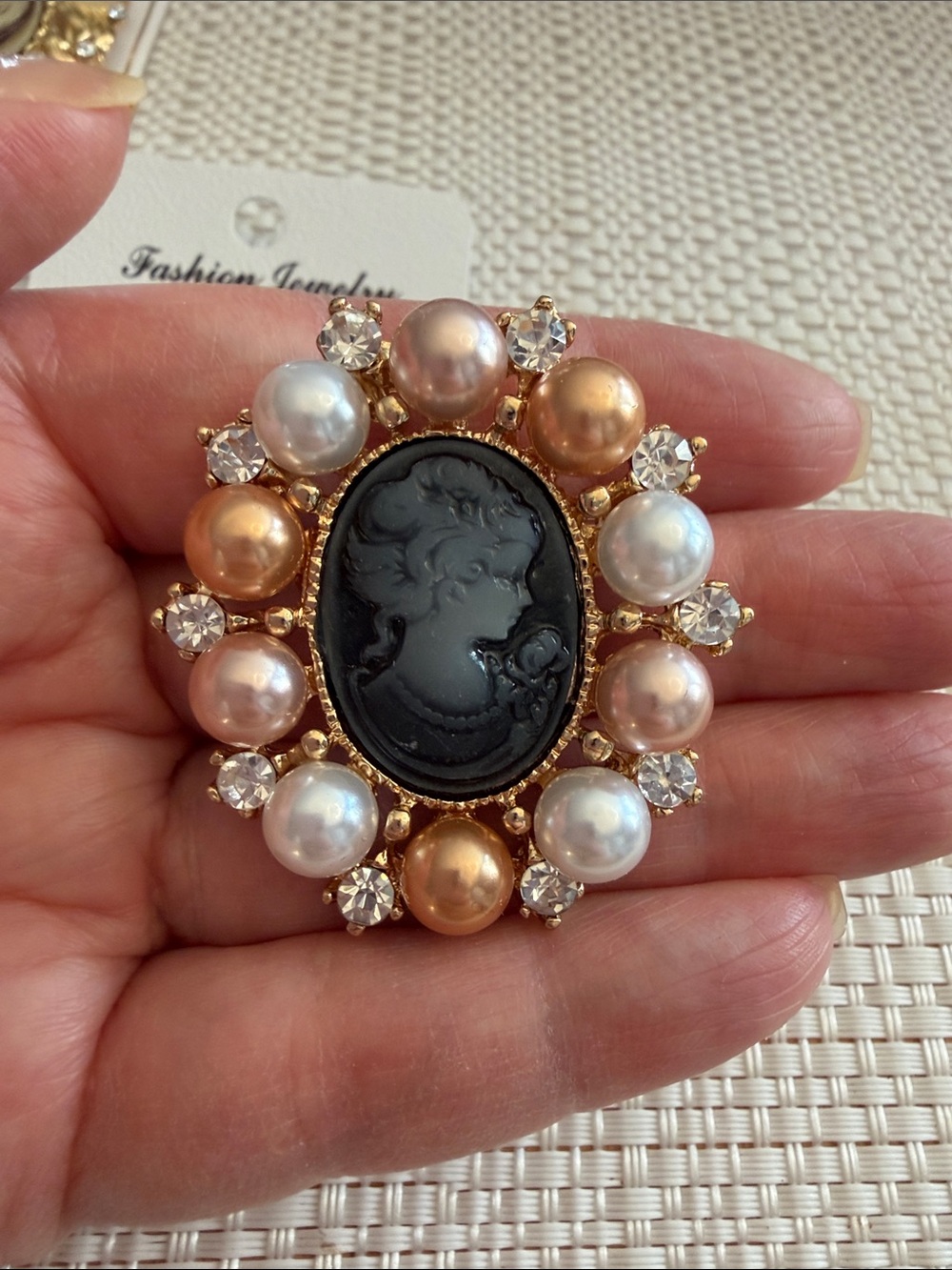 Fashion Jewelry Gold-Tone Cameo Brooch with Black Cameo and Pearl Accents